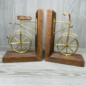 Brass Bicycle Wood Bookends Wood Seat Biker Brown Gold Retro Vintage Set  7.5”